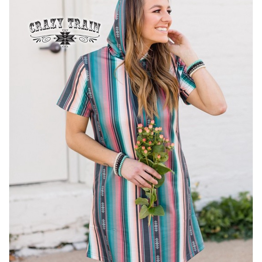 NWT SIZE SMALL Serape Hoodie Dress, Spring Summer casual t-shirt Striped Dress